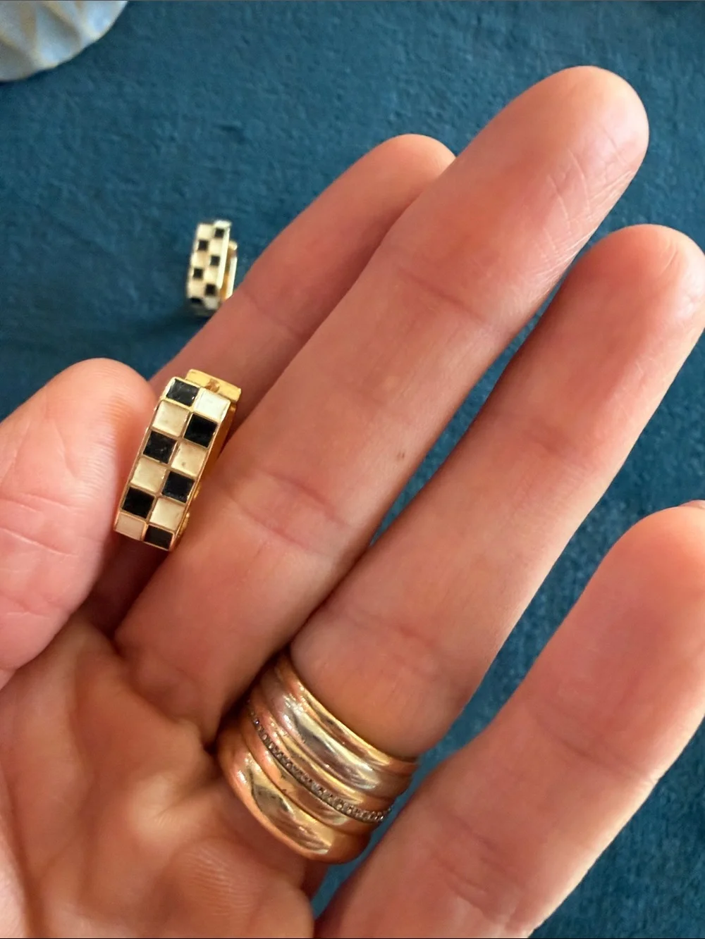 Gold Toned Huggie Earrings with Black and White Checkerboard